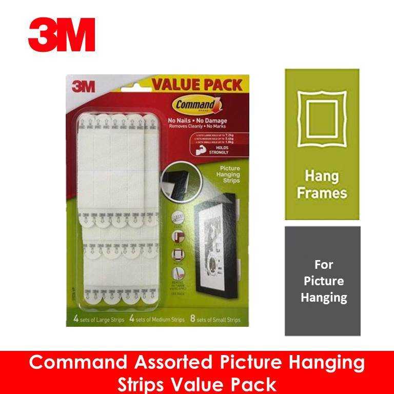 3M Command Assorted Picture Hanging Strips 4 Sets Large, 4 Sets Medium, 8 Sets Small