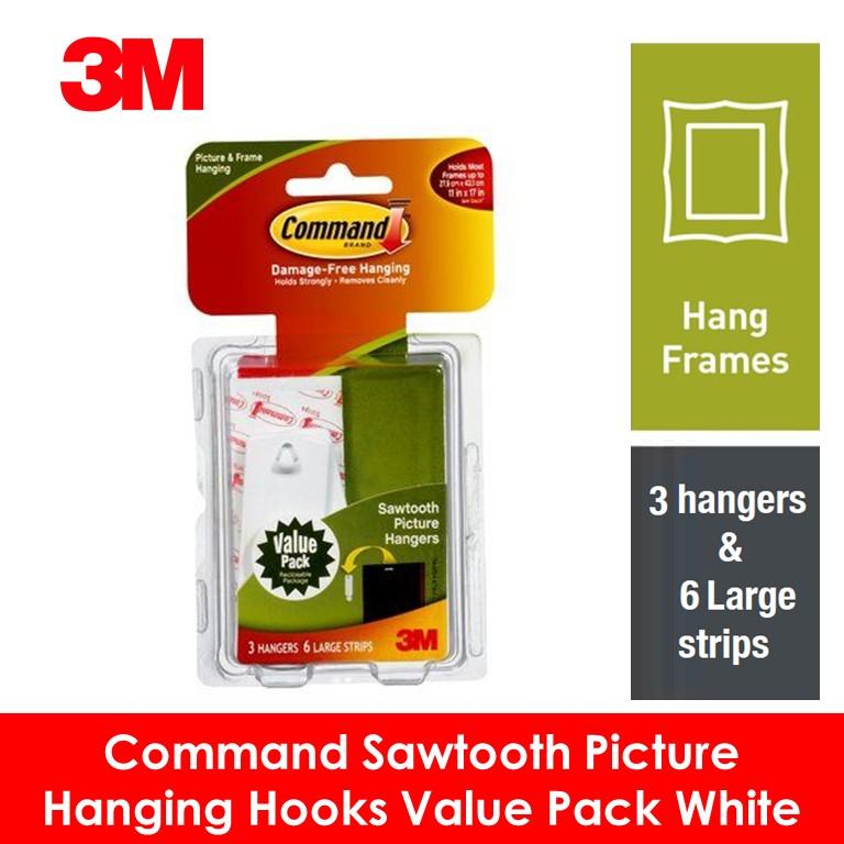 3M Command Sawtooth Picture Hanging Hooks Value Pack 3 Hangers, 6 Large Strips