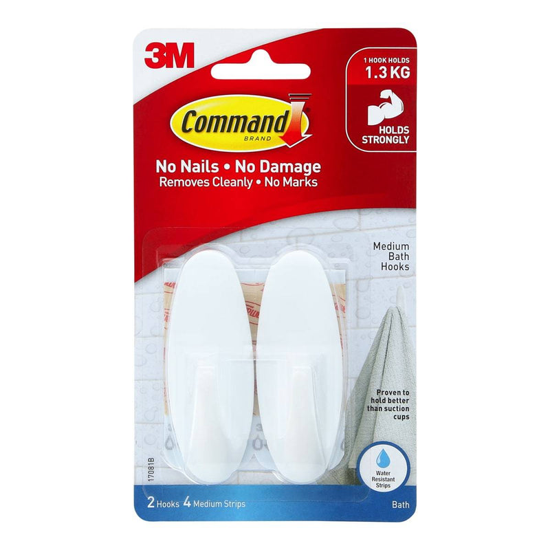 3M Command Medium White Bathroom Hooks 2 Hooks/4 Medium Strips 1.3 Kg