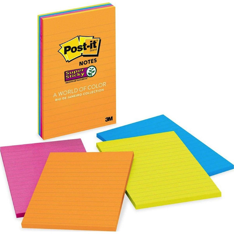 3M Post-it Super Sticky Jewel Pop Col Lined Notes 6" X 4" 4 Pad/Pack 45 Sheets/Pad Total 180 Sheets