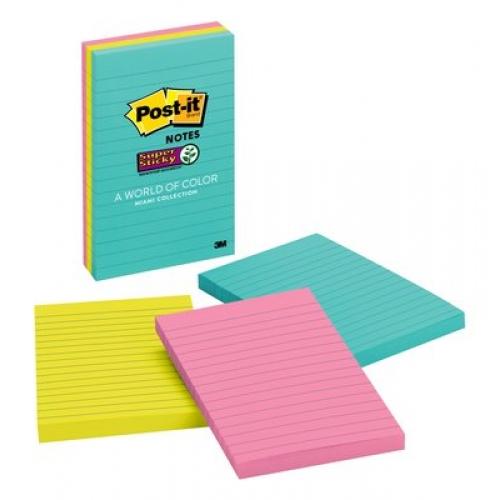 3M Post-it Super Sticky Miami Colour Notes Lined Notes 6" X 4" 3 Pad/Pack 90 Sheets/Pad 270 Sheets