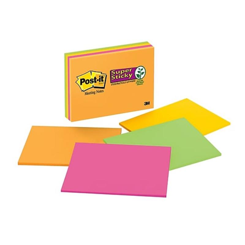 3M Post-it Super Sticky Ast Colours Notes 8" X 6" 4 Pad/Pack 45 Sheets/Pad Total 180 Sheets
