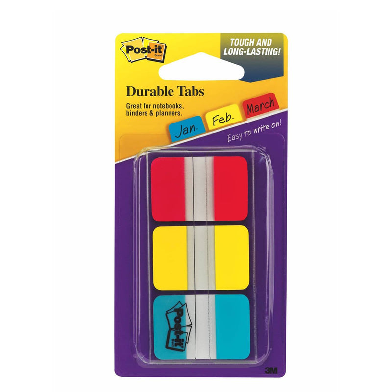 3M Post-it Durable Index Tabs 1" X 1.5" 12 Tabs Red/Yellow/Blue