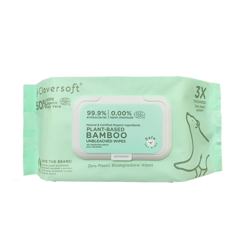 Cloversoft Unbleached Bamboo AB Organic Wipes 100 Sheets/Pk