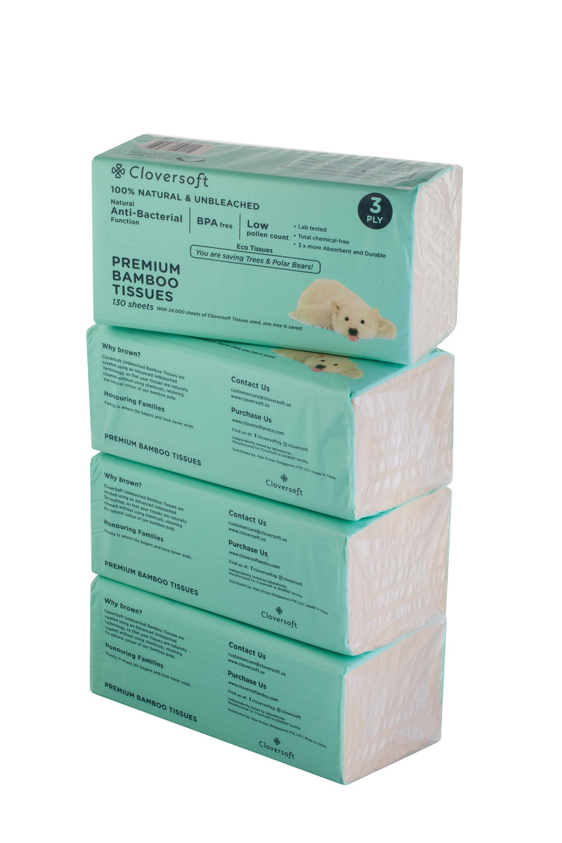 Cloversoft Plant-Based Unbleached Bamboo Tissues 3 Ply 4 X 130 Sheets