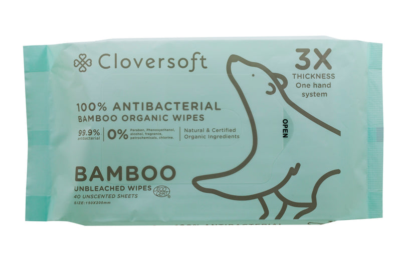 Cloversoft Unbleached Bamboo 99.9% Antibacterial Organic Wipes 40 Sheets
