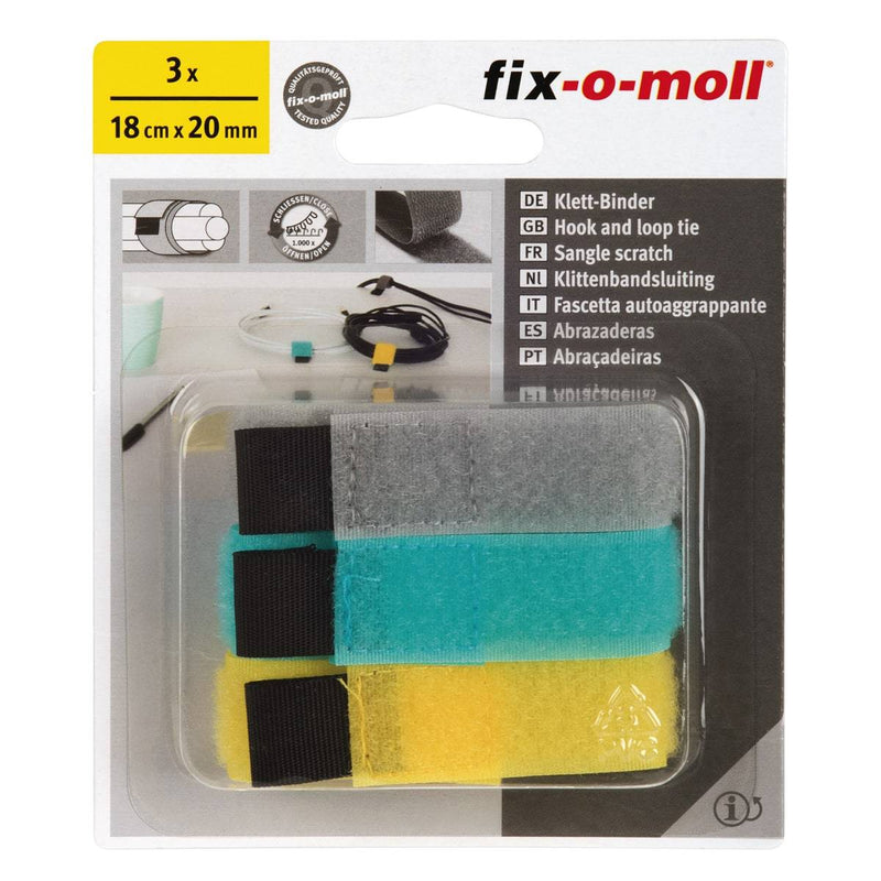 Fix-O-Moll Hook + Loop Cable Tie - Dark Grey, Turquiose & Yellow 180 mm X 20 mm