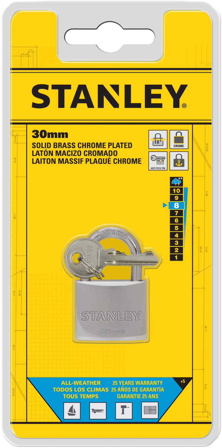 Stanley Solid Brass Standard Shackle Chrome Coated Padlock 30mm/ 40mm/ 50mm