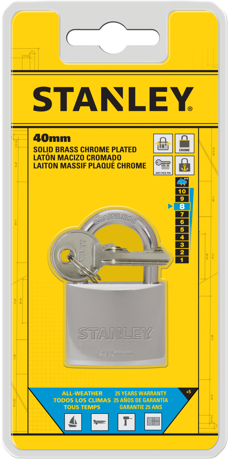 Stanley Solid Brass Standard Shackle Chrome Coated Padlock 30mm/ 40mm/ 50mm