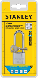 Stanley Solid Brass Long Shackle Chrome Coated Padlock 30mm/ 40mm/ 50mm