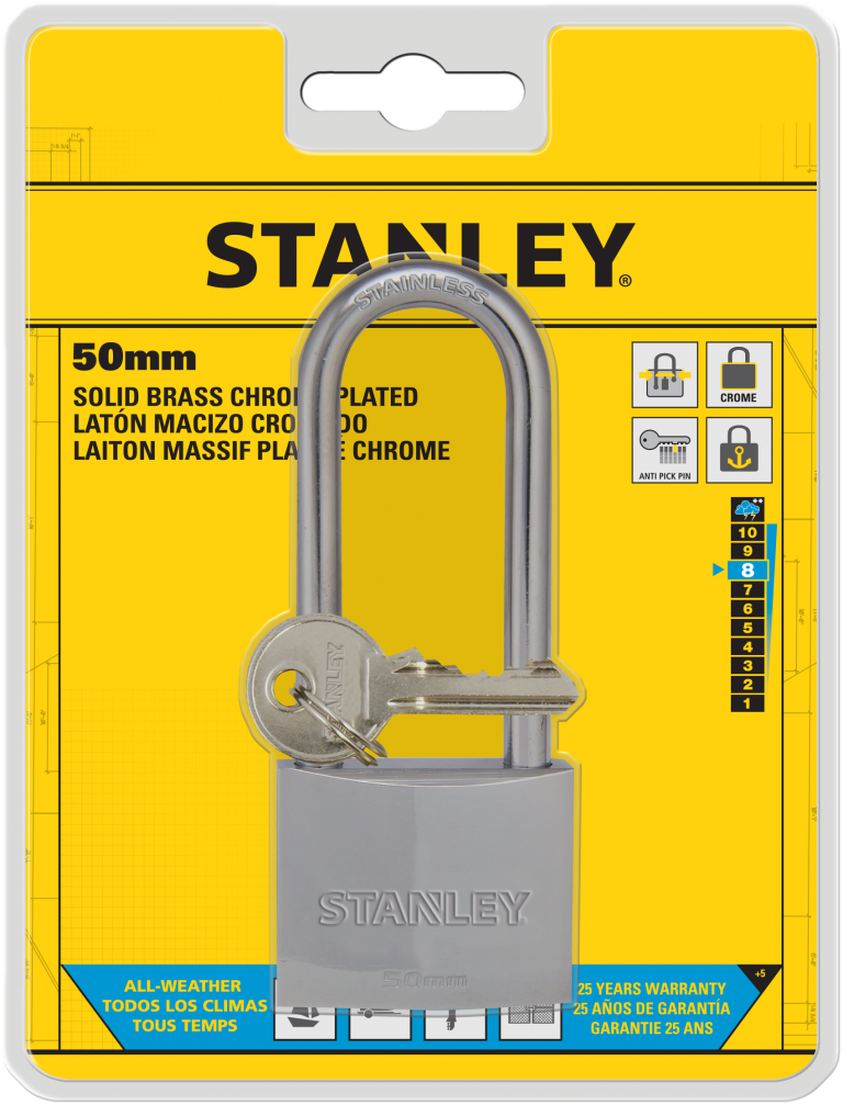 Stanley Solid Brass Long Shackle Chrome Coated Padlock 30mm/ 40mm/ 50mm