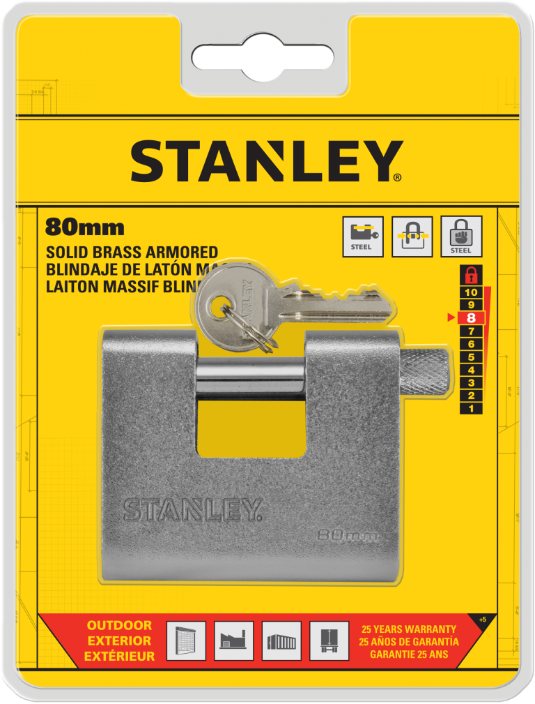 Stanley Solid Brass Rectangular Padlock With Hardened Steel Case 80mm/ 90mm