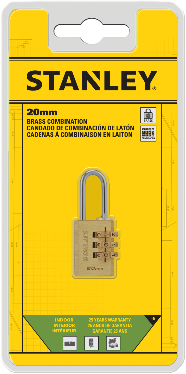 Stanley Solid Brass Combination Padlock 3 Digit 20mm/ 30mm