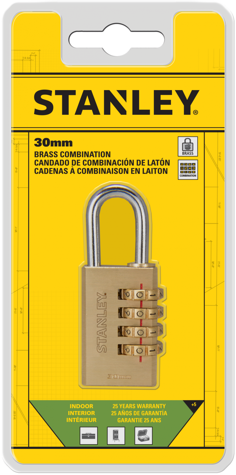 Stanley Solid Brass Combination Padlock 3 Digit 20mm/ 30mm