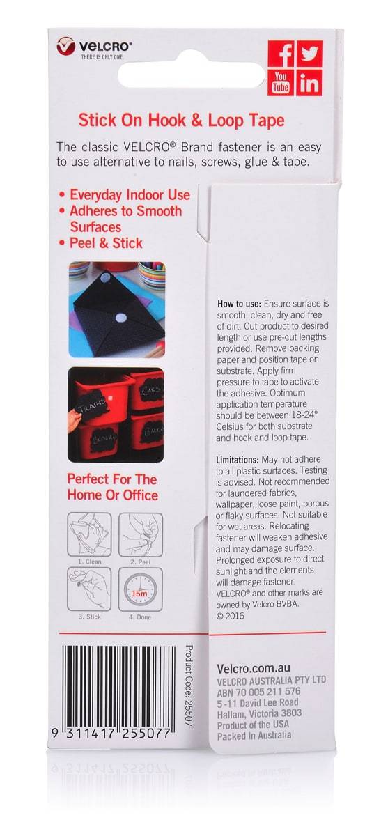 Velcro Brand Stick on Hook and Loop Strips 20 mm X 130 mm Black