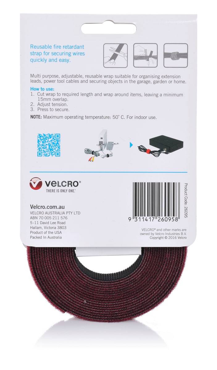 Velcro Brand Reusable Fire Retardant Tape 19 mm X 3.6 Meter Cranberry